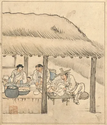 A drawing of tavern from 18th century. There are two women preparing something in the kitchen, and one guy eating something out of bowl with a spoon.