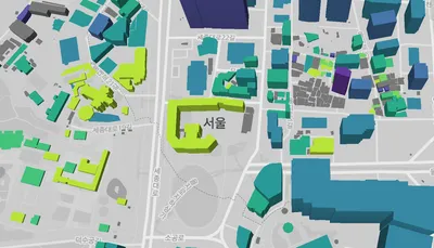 서울 건물 나이 지도 서울시청 주변 스크린샷. 서울시청건물이 서울 레이블을 감싸고 있는 것처럼 보인다.